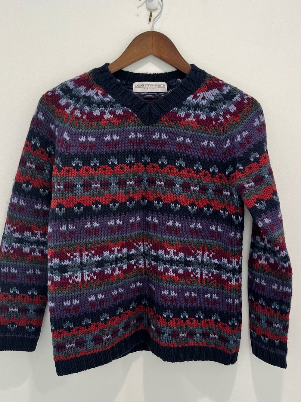 Vintage Valerie Stevens Hand-knit Fair Isle V-Neck Sweater